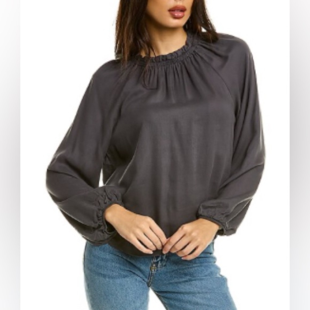 BELLA DAHL EUC Sz L Raglan Sleeve Shirred Neck Top, Grey, 100% Tencel